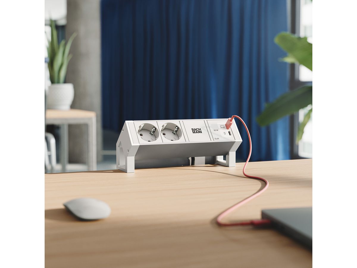 BACHMANN DESK2 ALU WHITE 2xCEE7/3, 1xUSB C/C 65W L=0.2m RAL9010