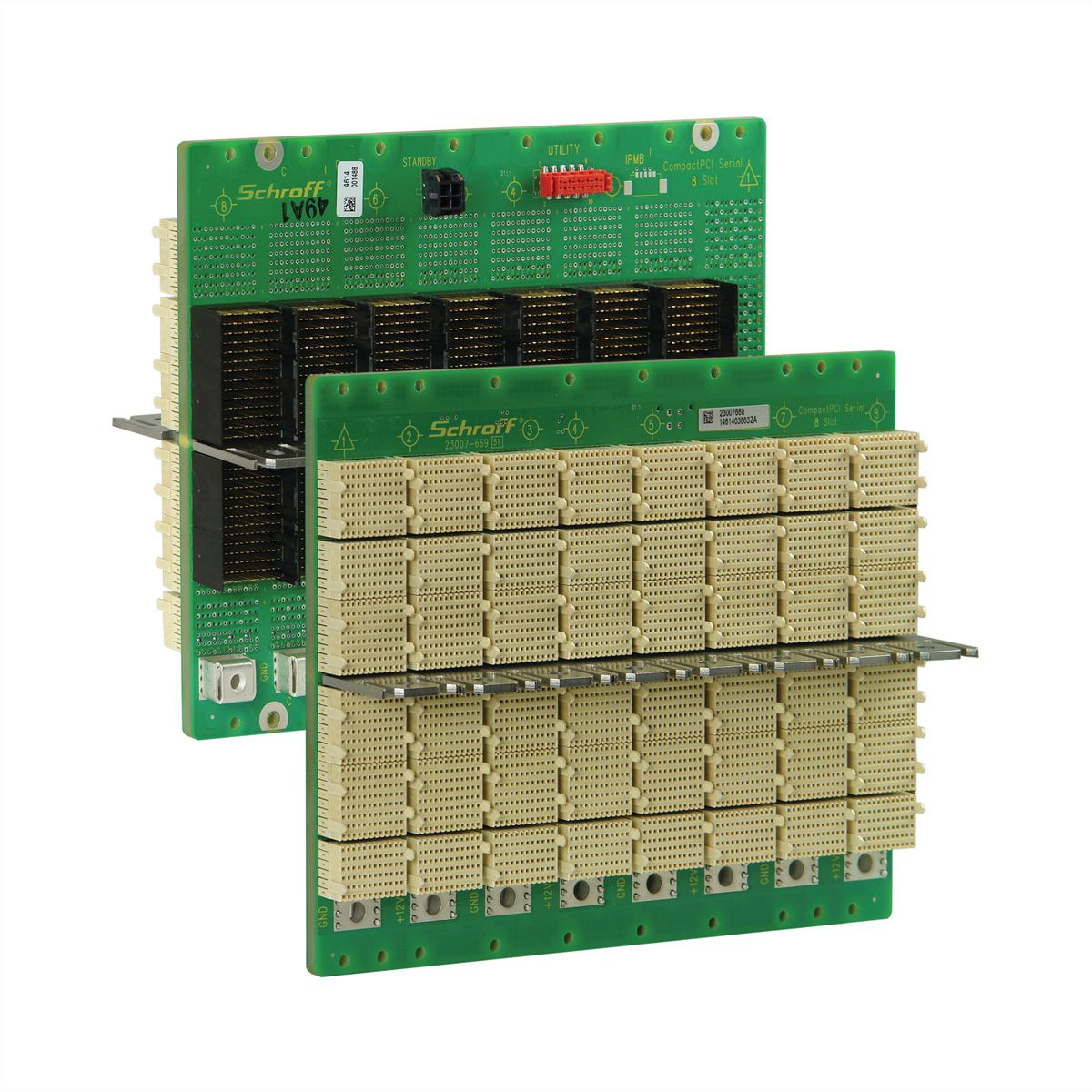 SCHROFF CPCI seriële backplane, 3 HE, 8 sleuven, systeemsleuf links, enkele ster, met RIO