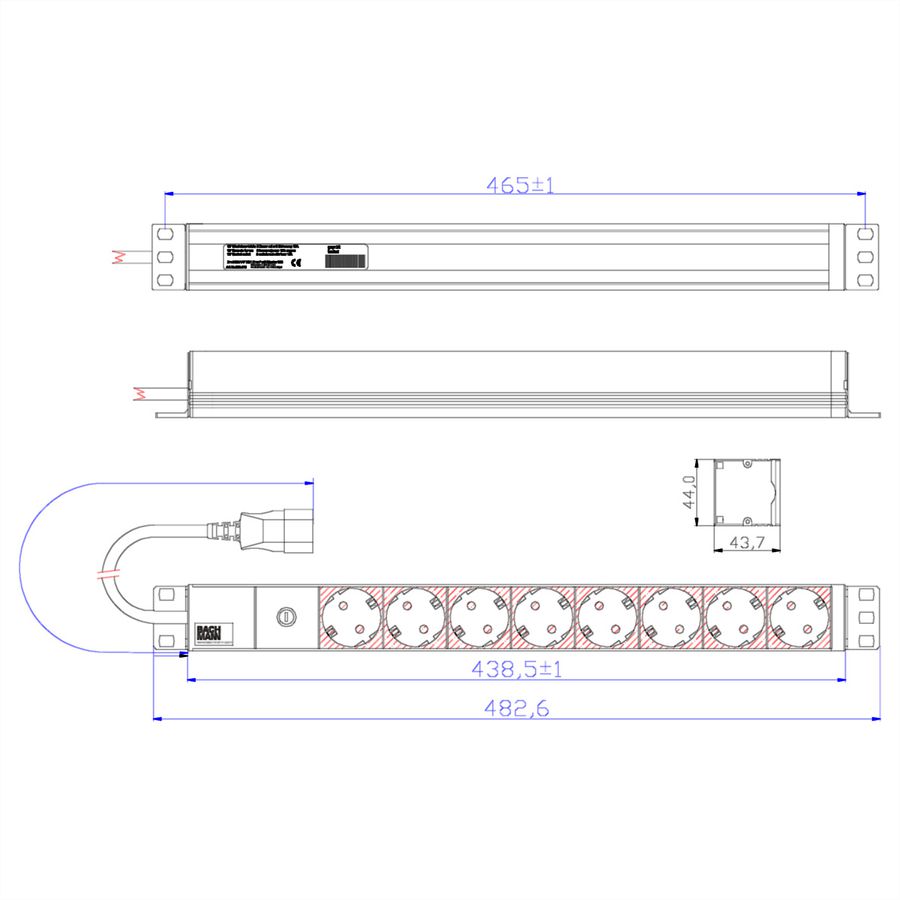 BACHMANN 19" stekkerdoos 8-voudig, 2300W, IEC320 C14 stekker