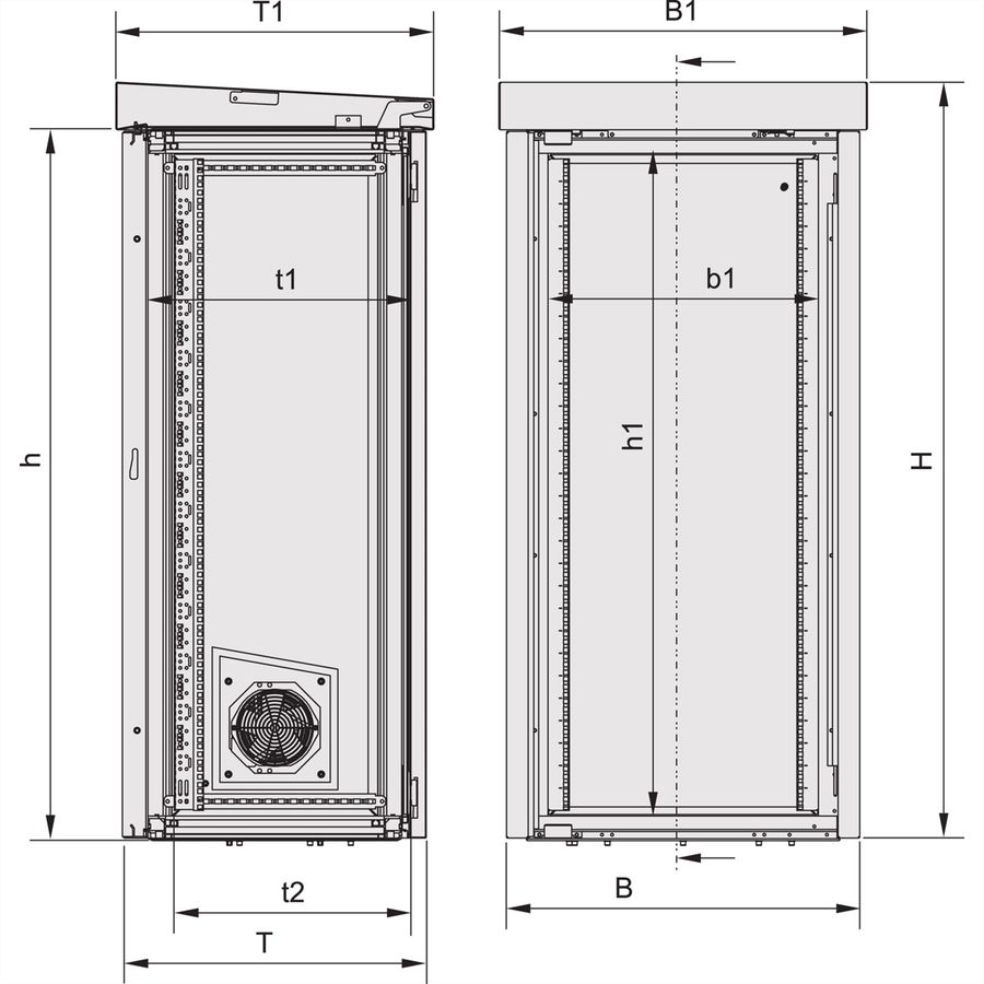 SCHROFF modulaire buitenluchtkast met dubbele deur, ventilator, 1330H 1300W 600D
