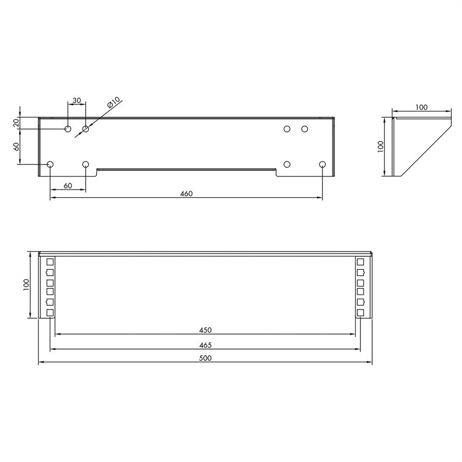 19" wand-/ondersteuningsbeugel, 2 HE, zwart