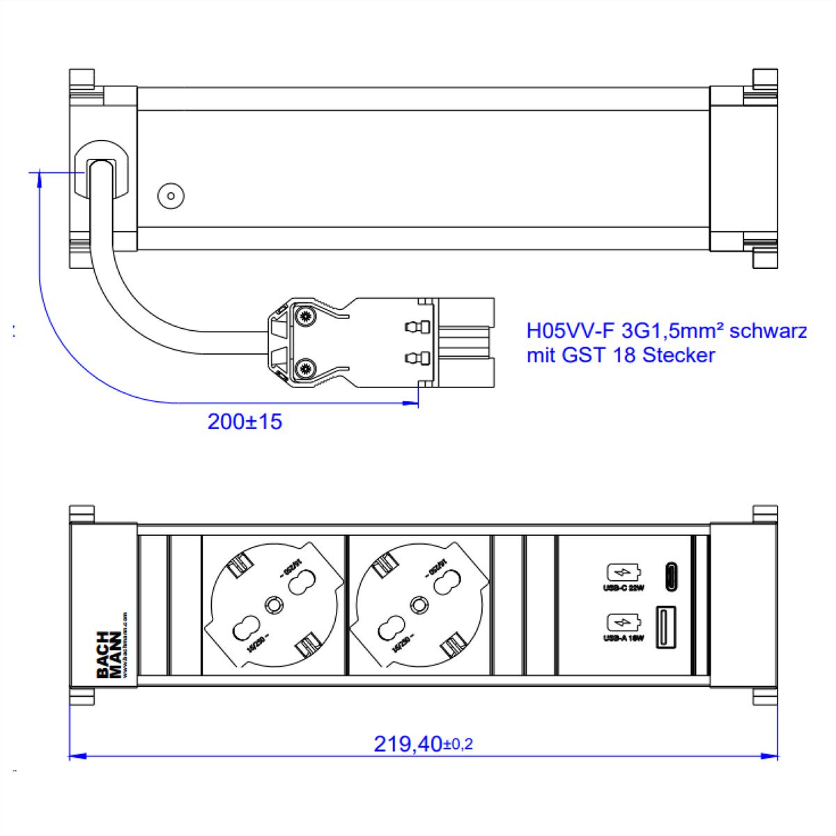 BACHMANN POWER FRAME S 2xP40, 1xUSB A/C 22W 0,2m GST18 Italië
