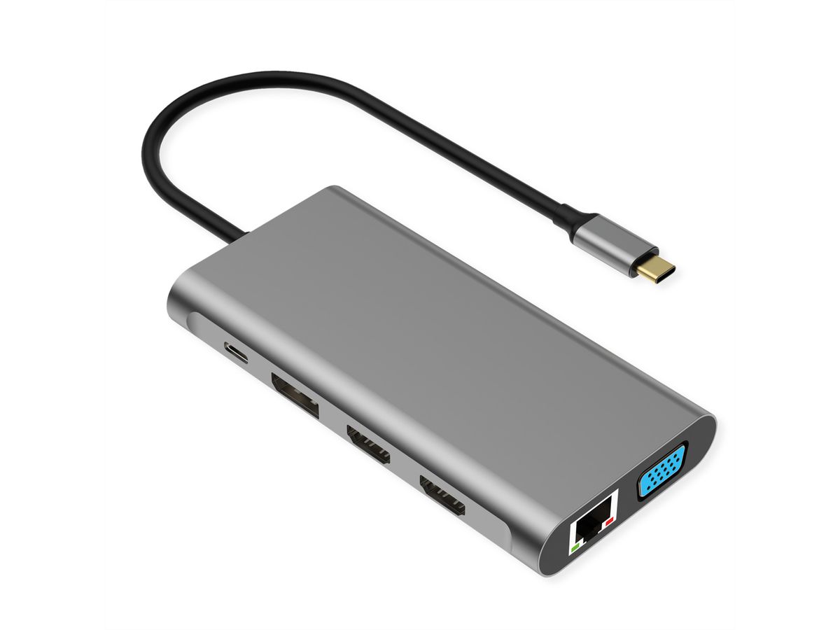 VALUE Dockingstation Type C, 1x HDMI 4K60, 1x HDMI 4K30, 1x DP 4K60, 1x VGA 1080P, 1x Gigabit Ethernet, 2x USB 3.2 Gen1 (C), 1x USB 3.2 Gen1 (A), 1x USB 2.0 (A), 1x Type C PD (Power Delivery)