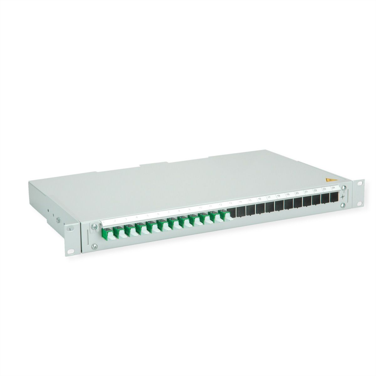 TELEGÄRTNER BASIS V LWL-Panel mit Kupplungen & Pigtails, 12x E2000, OS2 APC grün
