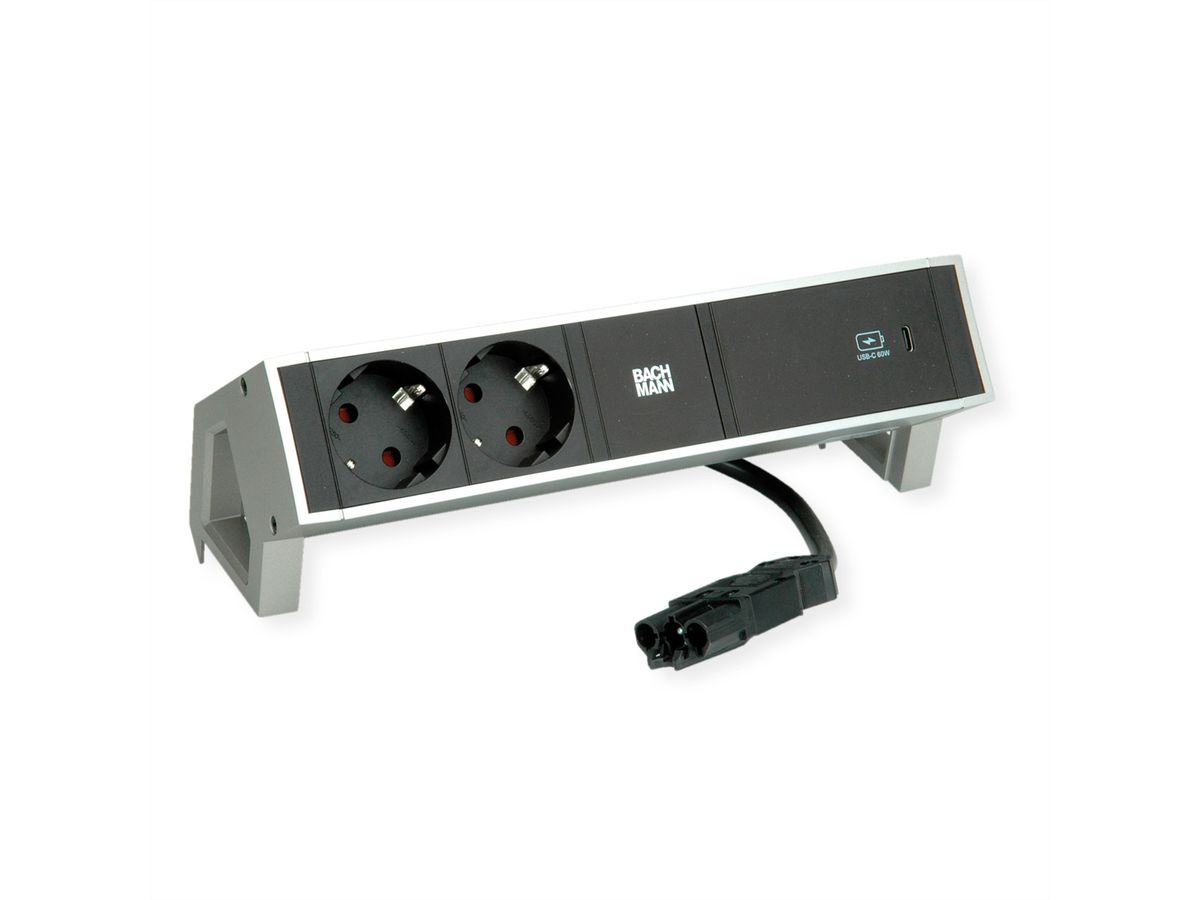 BACHMANN DESK2 2xprotective contact USB C, USB Charger 60W 0.2m GST18 INOX