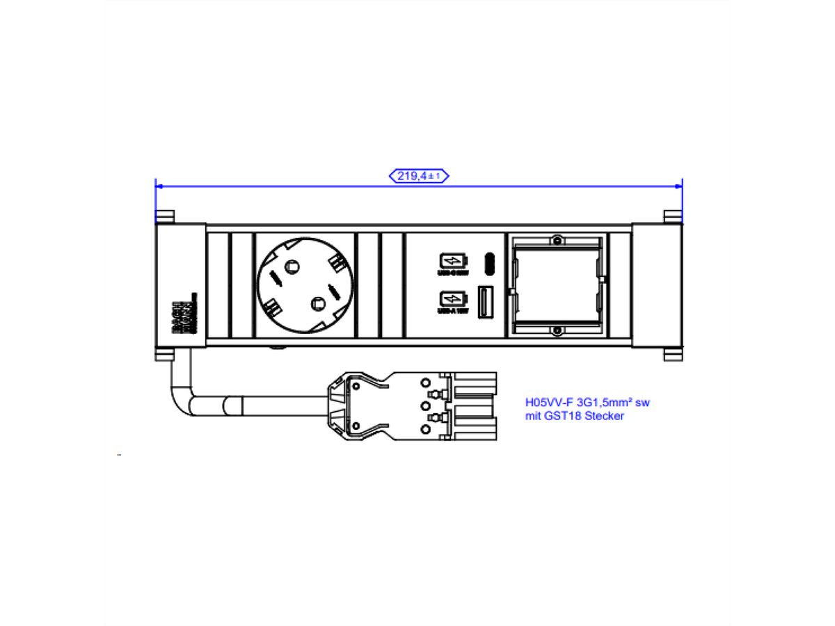 BACHMANN POWER FRAME S 1xCEE7/3 1xCM, 1xUSB 22W 0.2m GST18