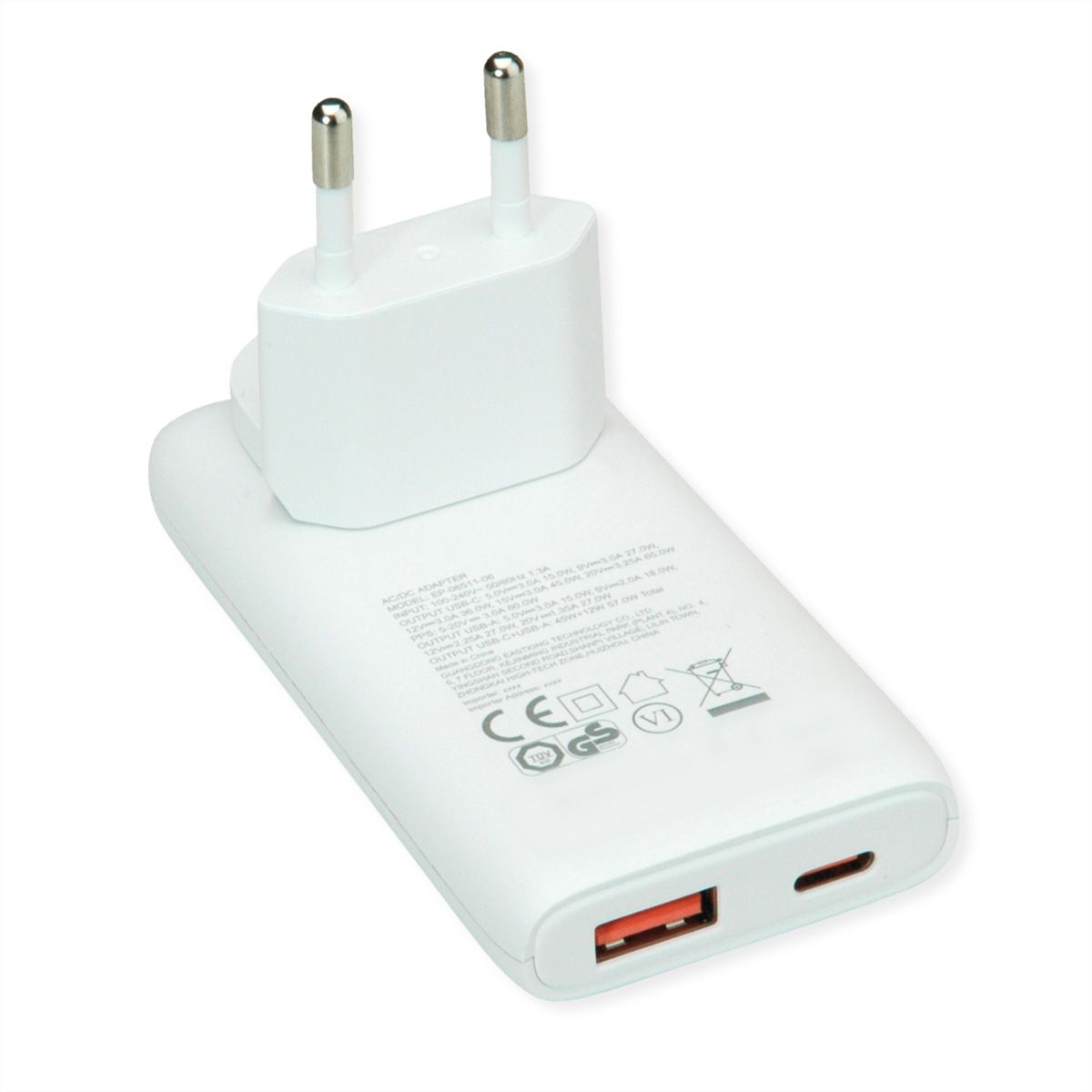VALUE USB-oplader met Euro-/US-stekker, 2 poorten type A+C, 65W