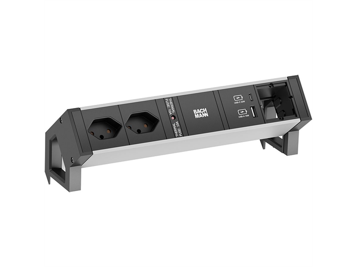 BACHMANN DESK2 ALU ZWART 2xCH T13 1xCM, 1xUSB A&C 22W 0,2m GST18 Zwitserland