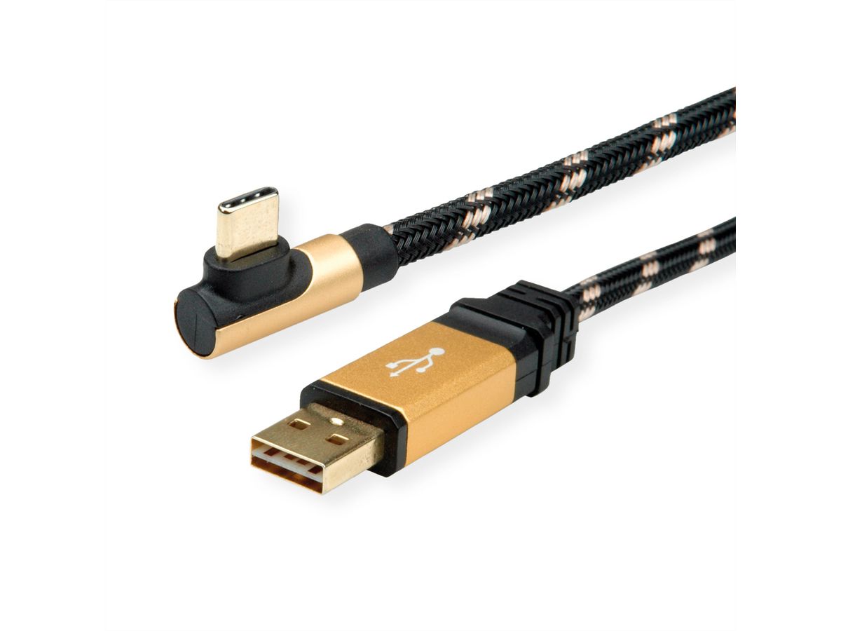 ROLINE GOLD USB 2.0 Kabel, USB A Male reversible - USB C 90° Male, 0,8 m