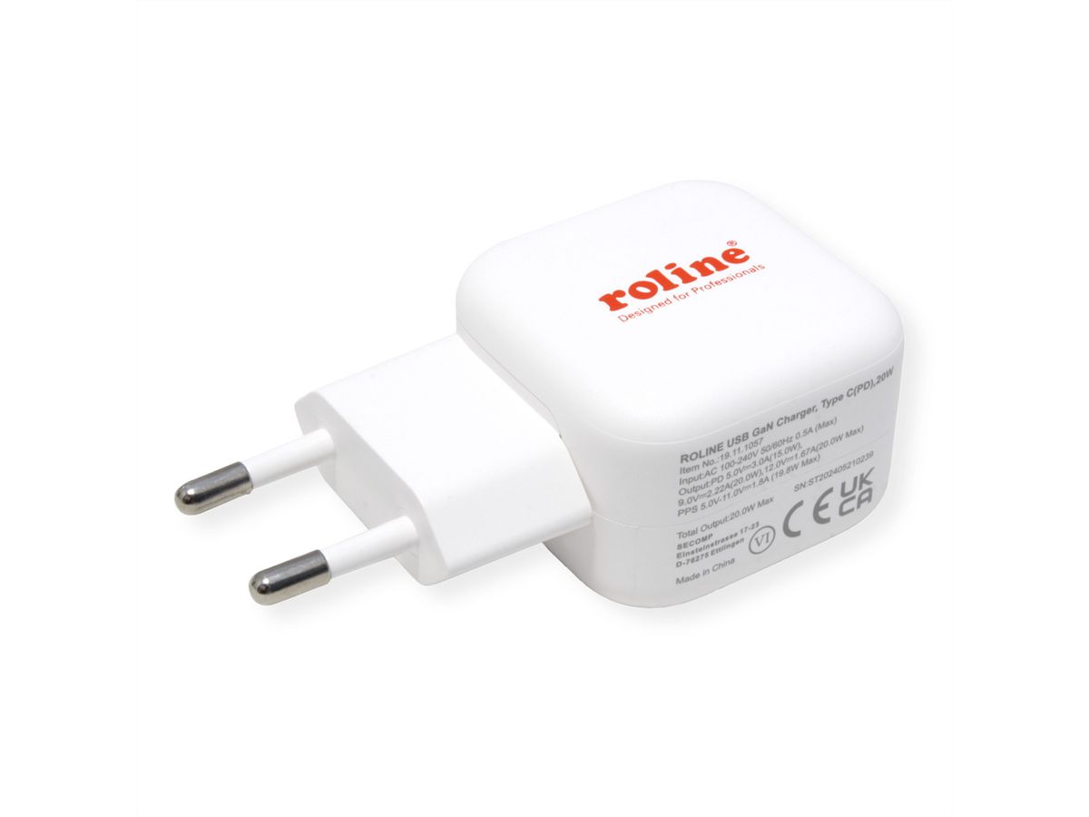 ROLINE USB Wall Charger, 1-Port, Type C, GaN, 20W