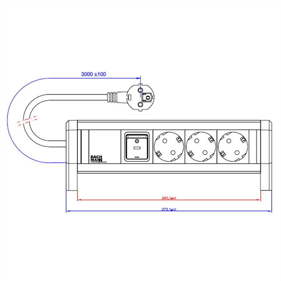 BACHMANN DESK 3x geaard stopcontact, met schakelaar, 3 m