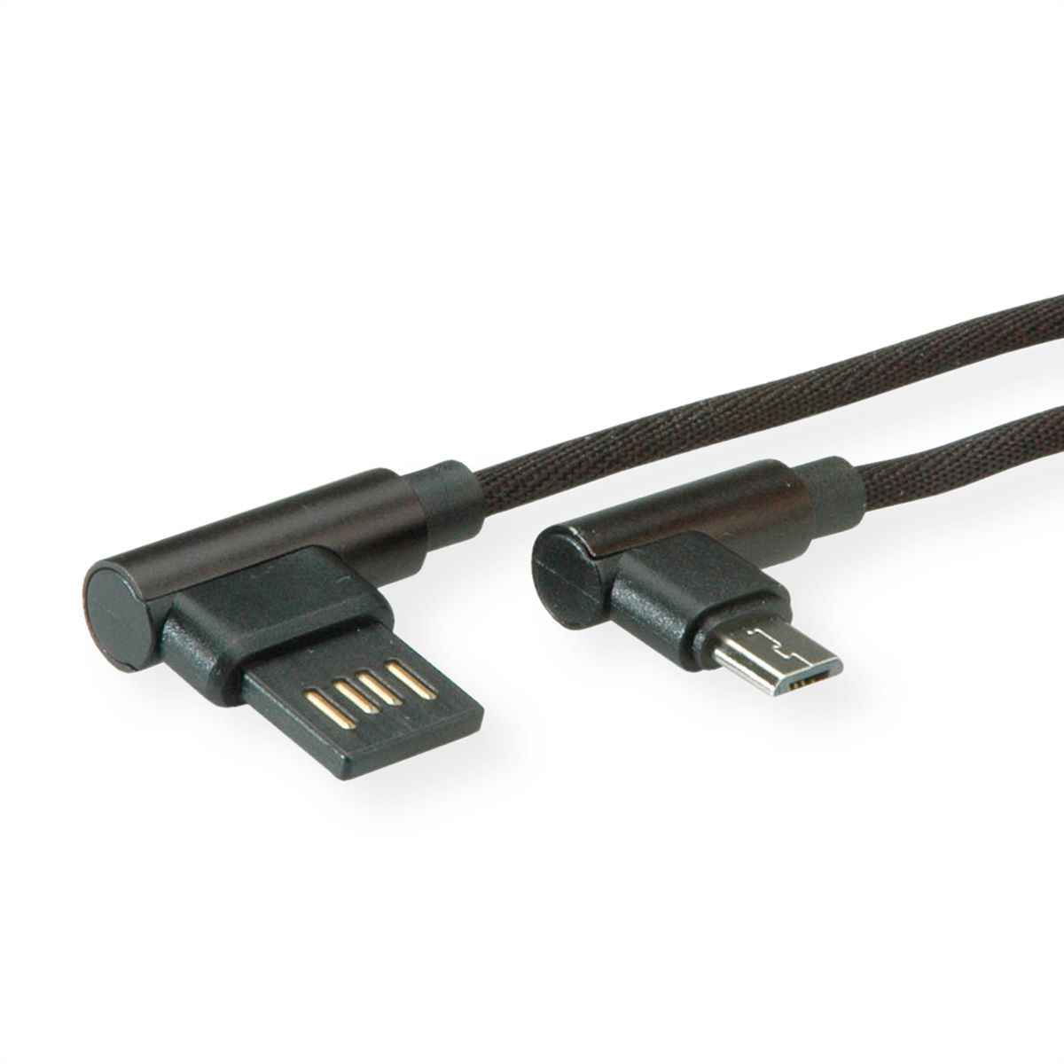 ROLINE USB 2.0 Kabel, A reversibel male  - Micro B (90° hoekig) male, zwart, 0,8 m