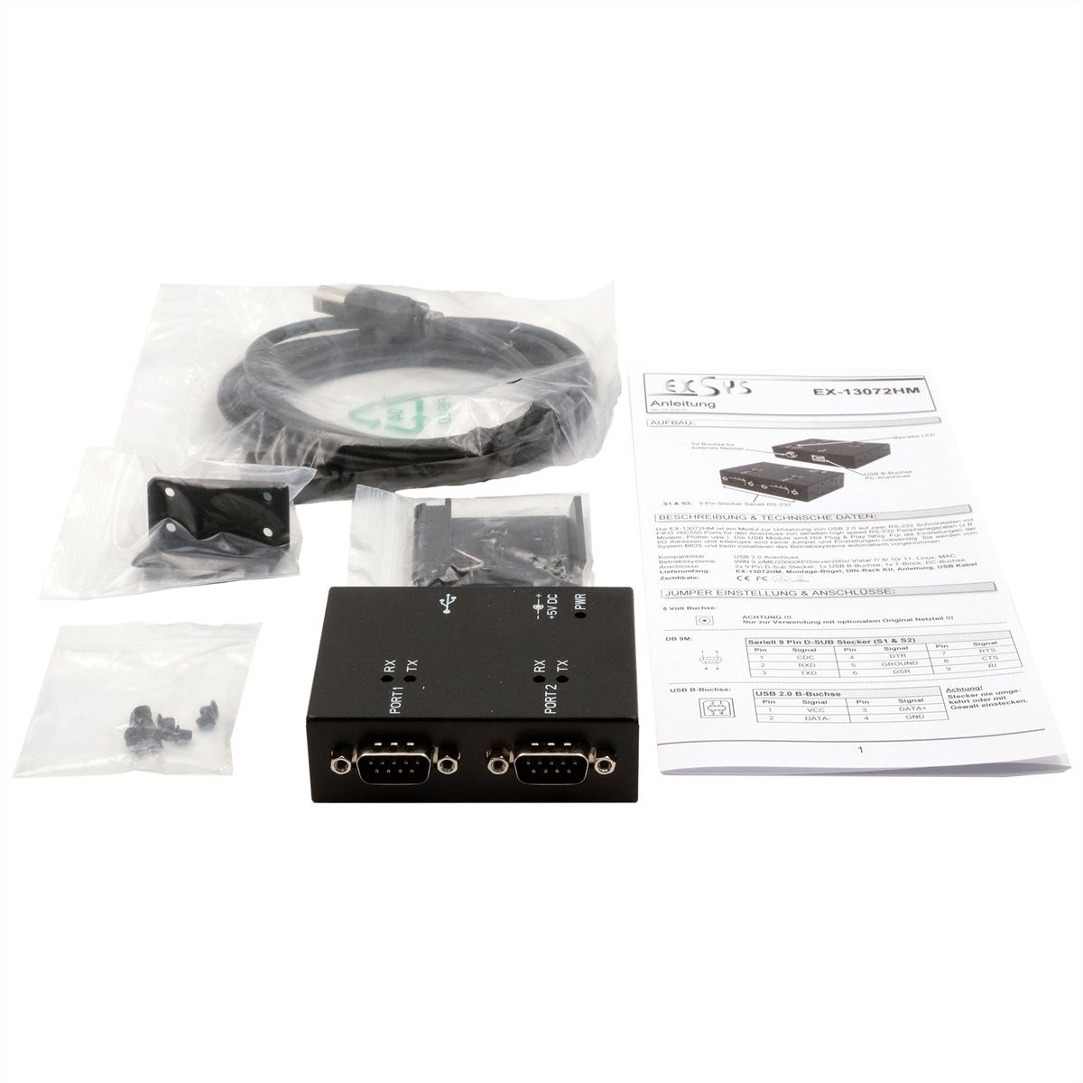 EXSYS EX-13072HM USB 2.0 naar 2 x seriële RS-232 poorten metalen behuizing FTDI chipset