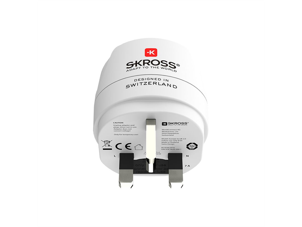 Skross Europe to UK Travel Adapter, for 2- and 3-pole devices