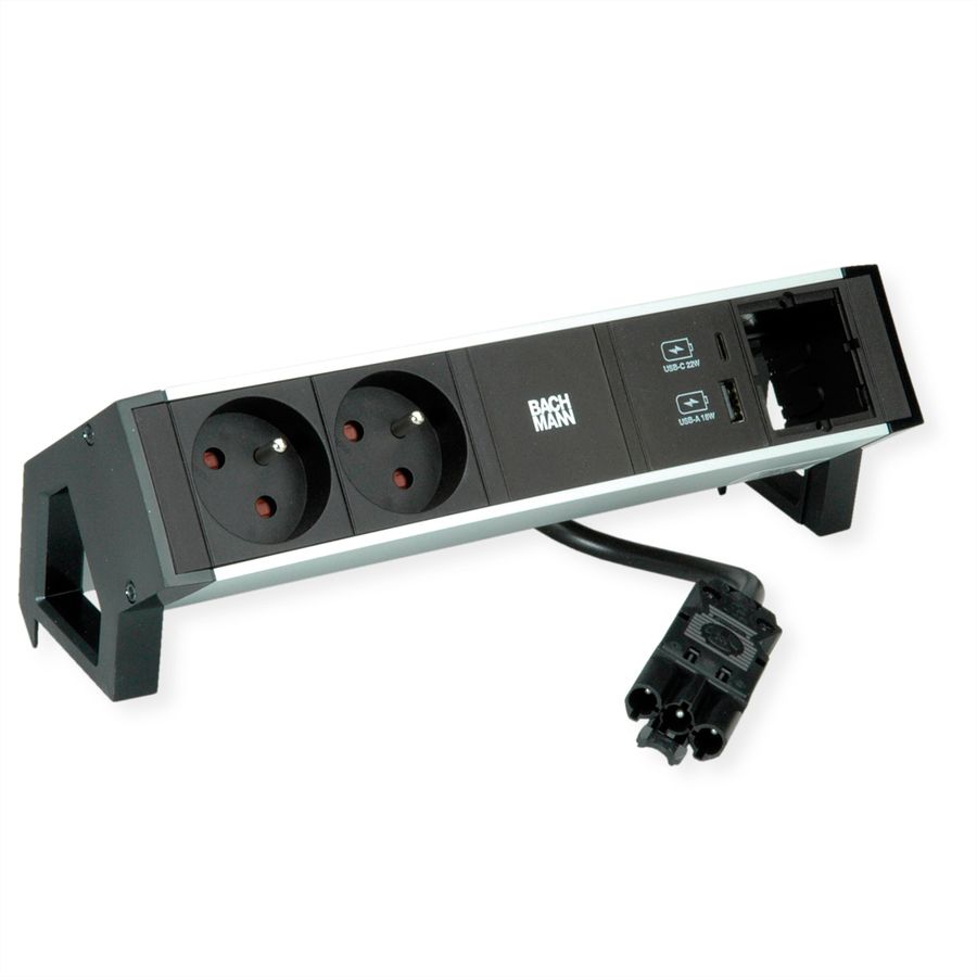 BACHMANN DESK2 ALU ZWART 2xUTE 1xCM 1xUSB A/C 22W 0,2m GST18