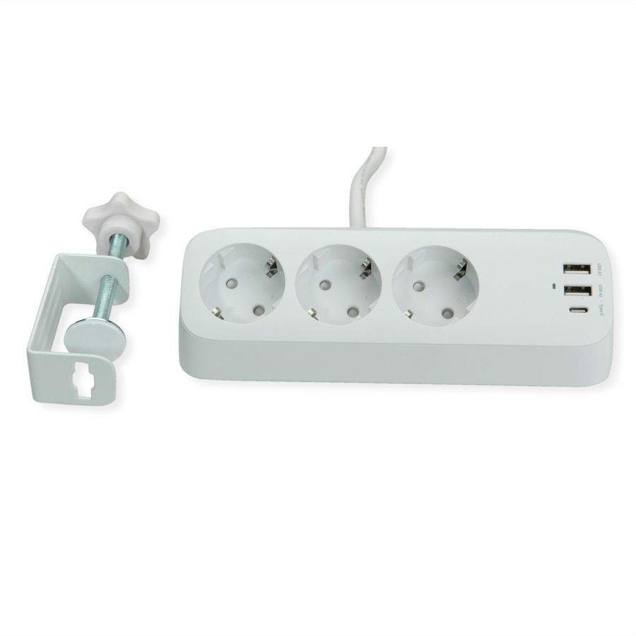 VALUE tafelstekkerdoos, 3-voudig met schakelaar, incl. 3x USB (2x A, 1x C), met tafelklem , 1,5 m