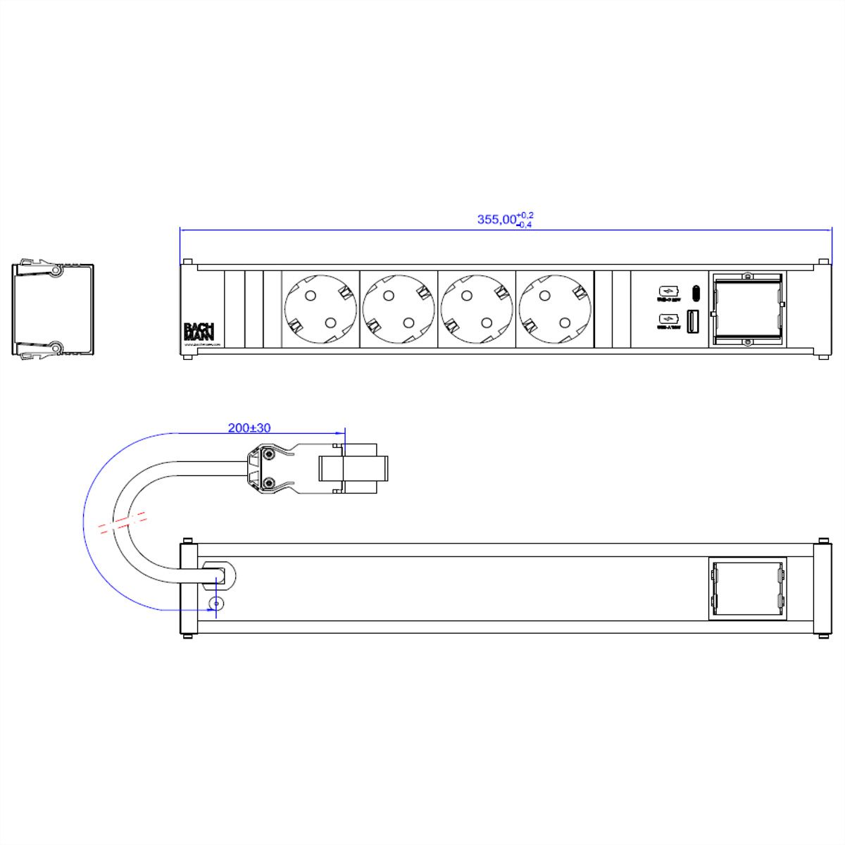 BACHMANN CONI 4xCEE7/3 1xUSB A/C 22W 1xCM 0.2m GST18 RAL9010