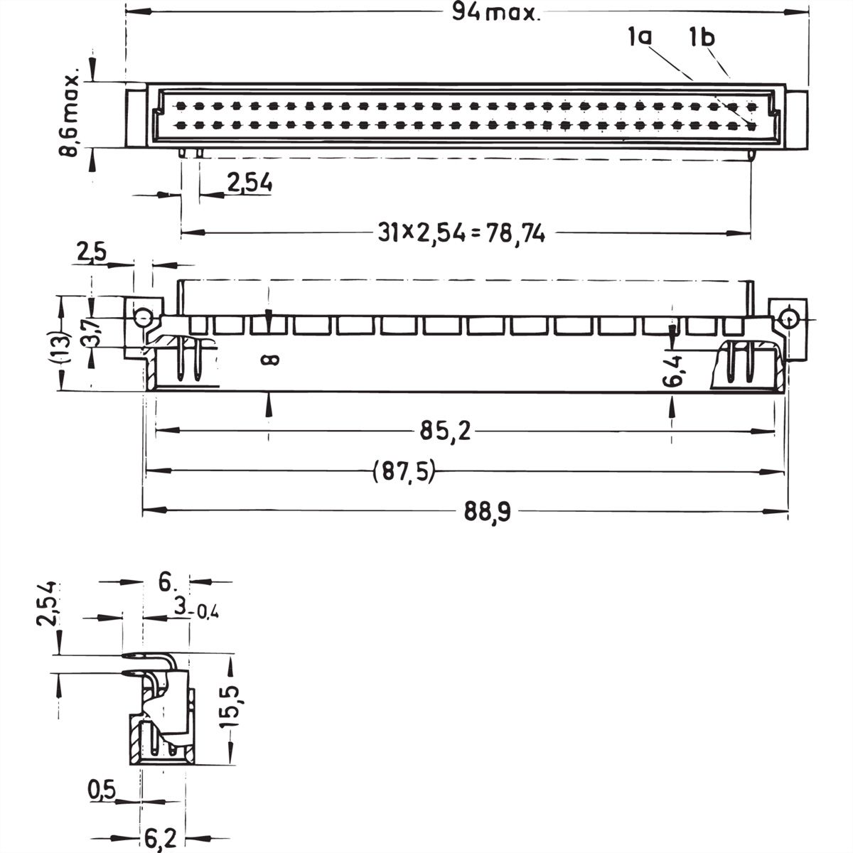 SCHROFF Stekker Type B, EN 60603, DIN 41612, Mannelijk, 64 Contacten, Soldeerpennen, 3 mm