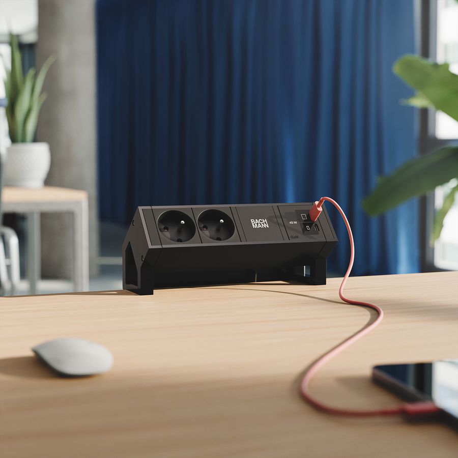 BACHMANN DESK2 2xUTE 1xUSB C/C 45W, L=0,2m RAL9005