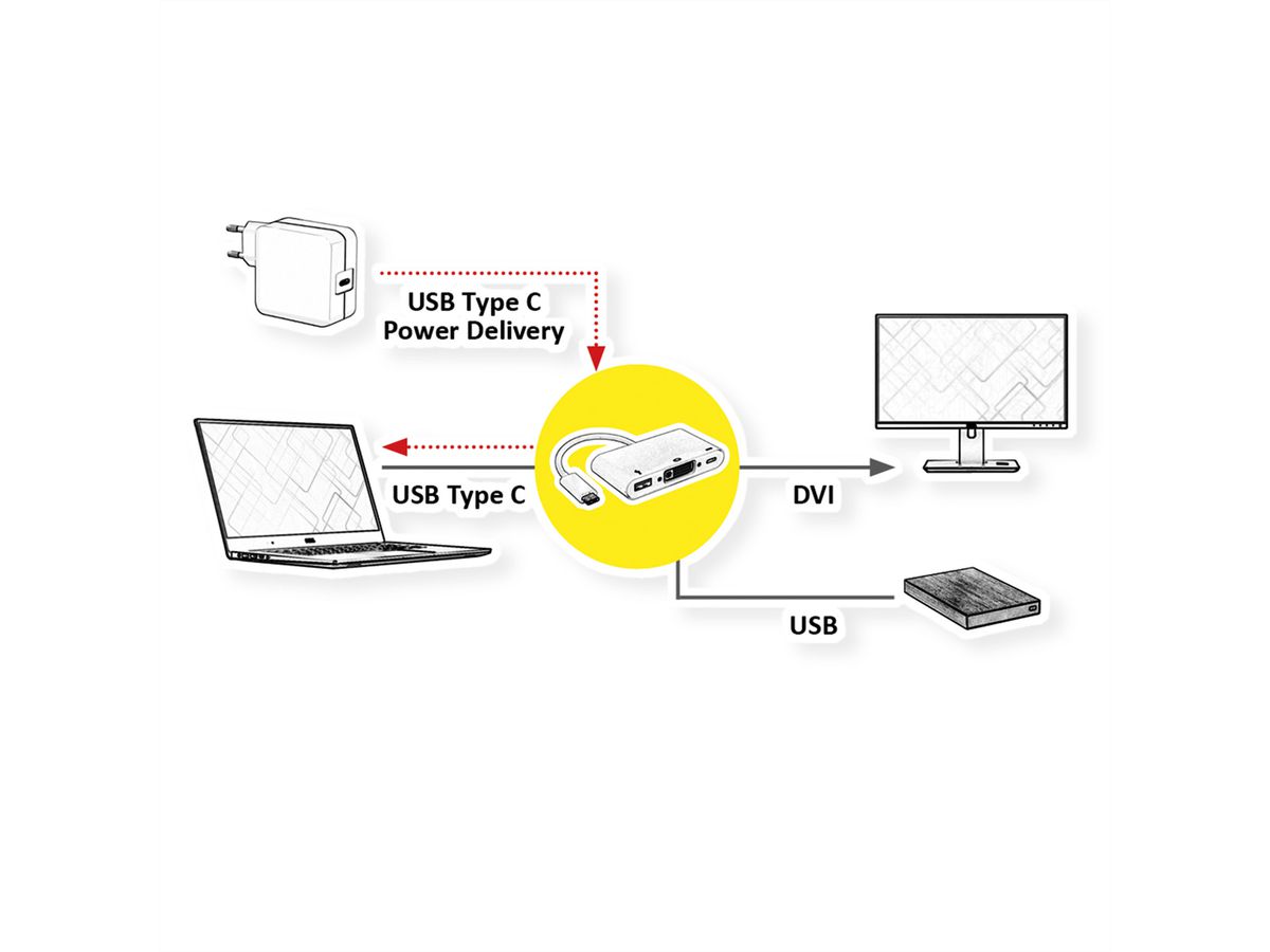 ROLINE Adaptateur Type C - DVI-D, M/F, 1x USB 3.2 Gen 1 A F, 1x PD (Power  Delivery) - SECOMP France