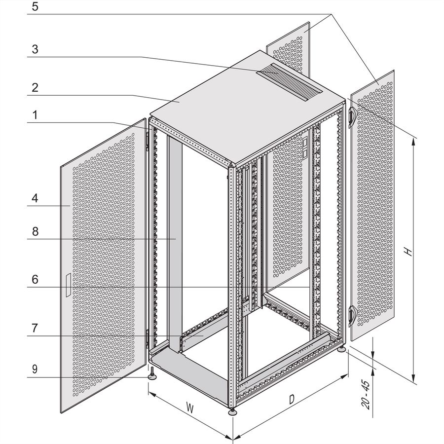 SCHROFF Varistar Server Cabinet, RAL 7021, Side-by-Side, 52 U, 2450H, 600W, 1000D