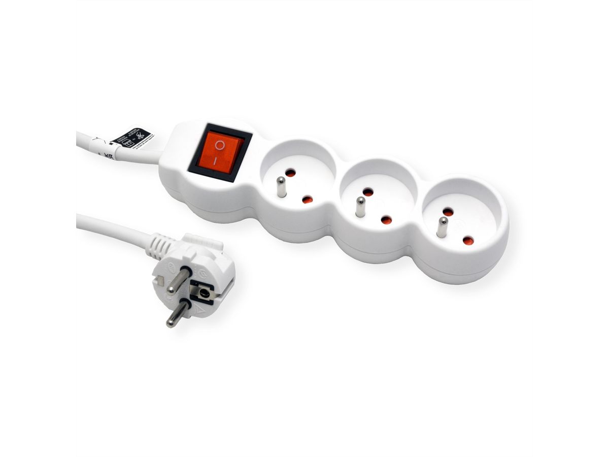 VALUE French Power Strip, 3-way, with illuminated Switch, white, 3 m