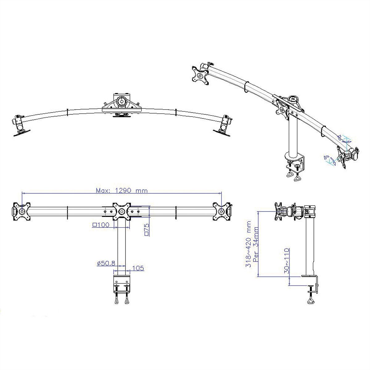 VALUE Drievoudige LCD-arm, tafelmontage, zwart
