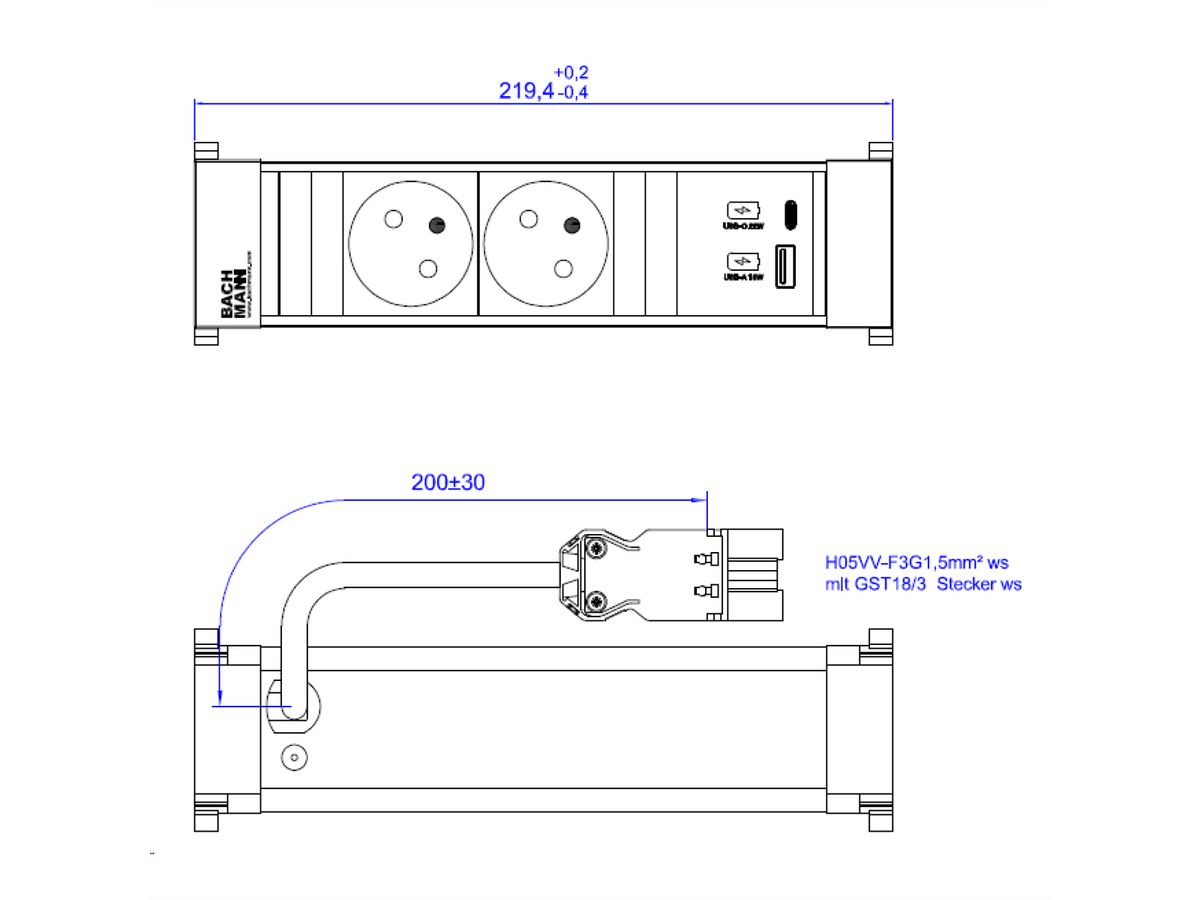 BACHMANN POWER FRAME 2xUTE 1xUSB A/C 22W 0.2m GST18