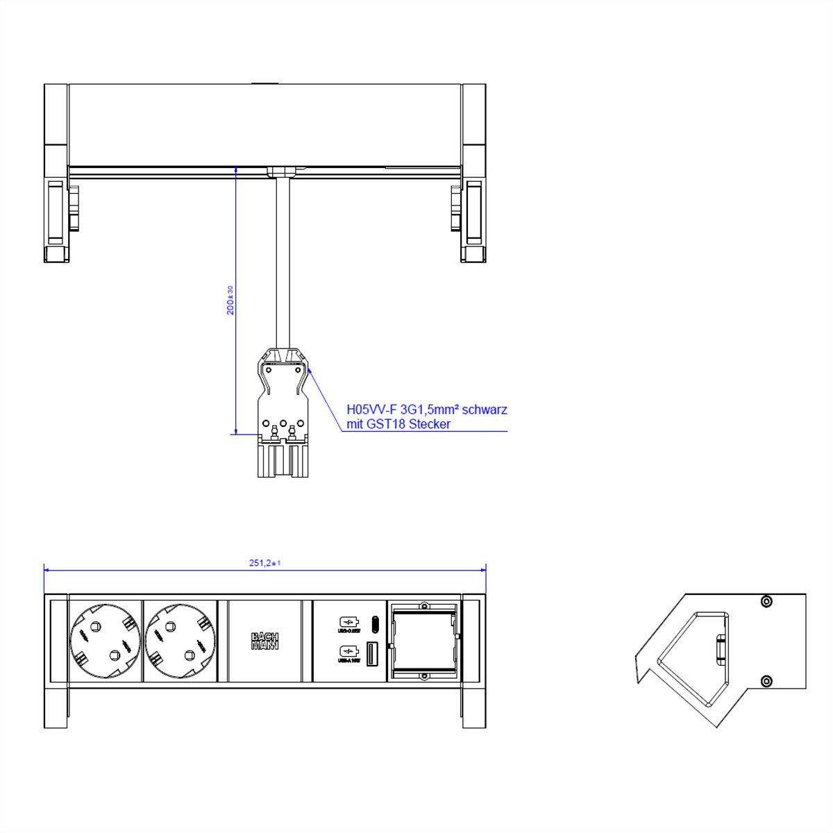 BACHMANN DESK2 2xbeschermend contact USB A&C, USB Lader 22W 1xABD 0,2m GST18 INOX