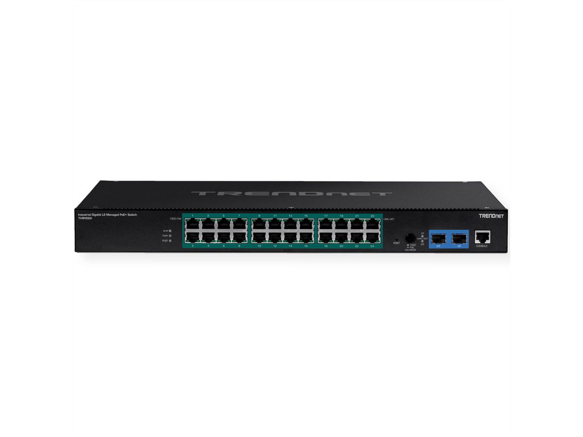 TRENDnet TI-RP262i 26-poorts industriële rackmount PoE+ switch Gigabit L2 beheerd