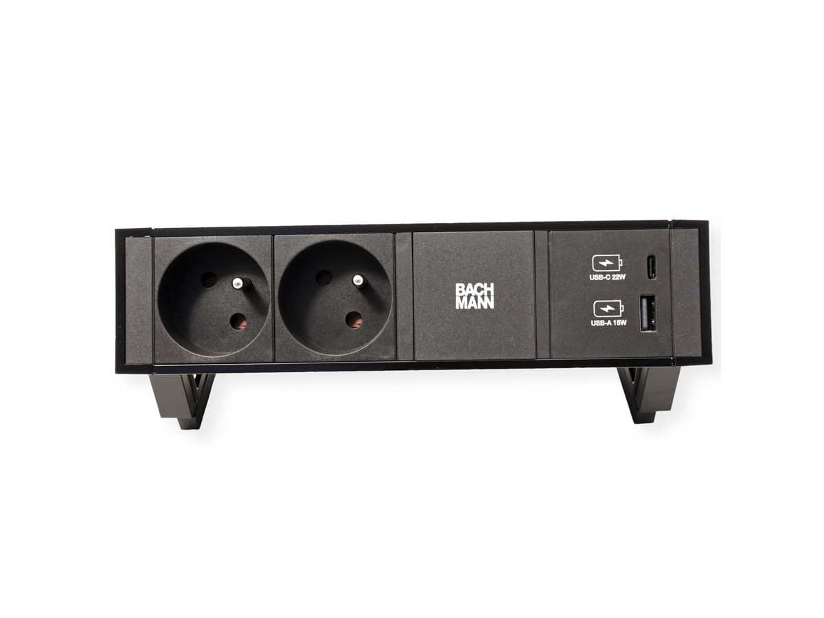 BACHMANN DESK2 2xUTE 1xUSB A/C 22W, GST18 RAL9005, schwarz, 0,2 m
