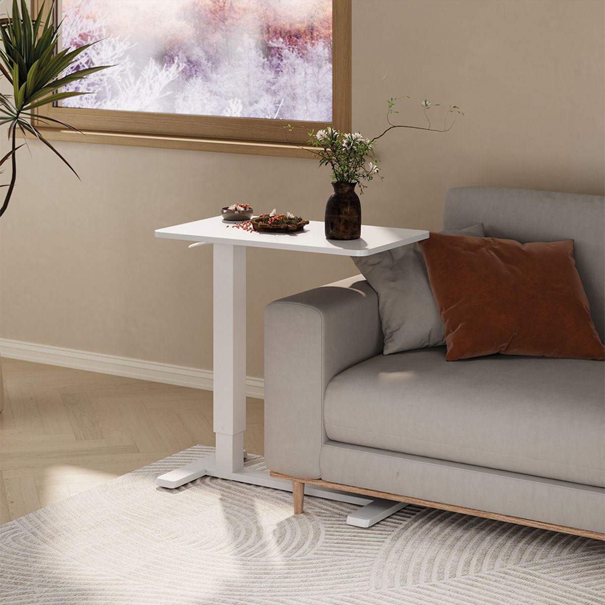 ROLINE Gas Spring Side Table / Workstation, height-adjustable, hidden casters, white