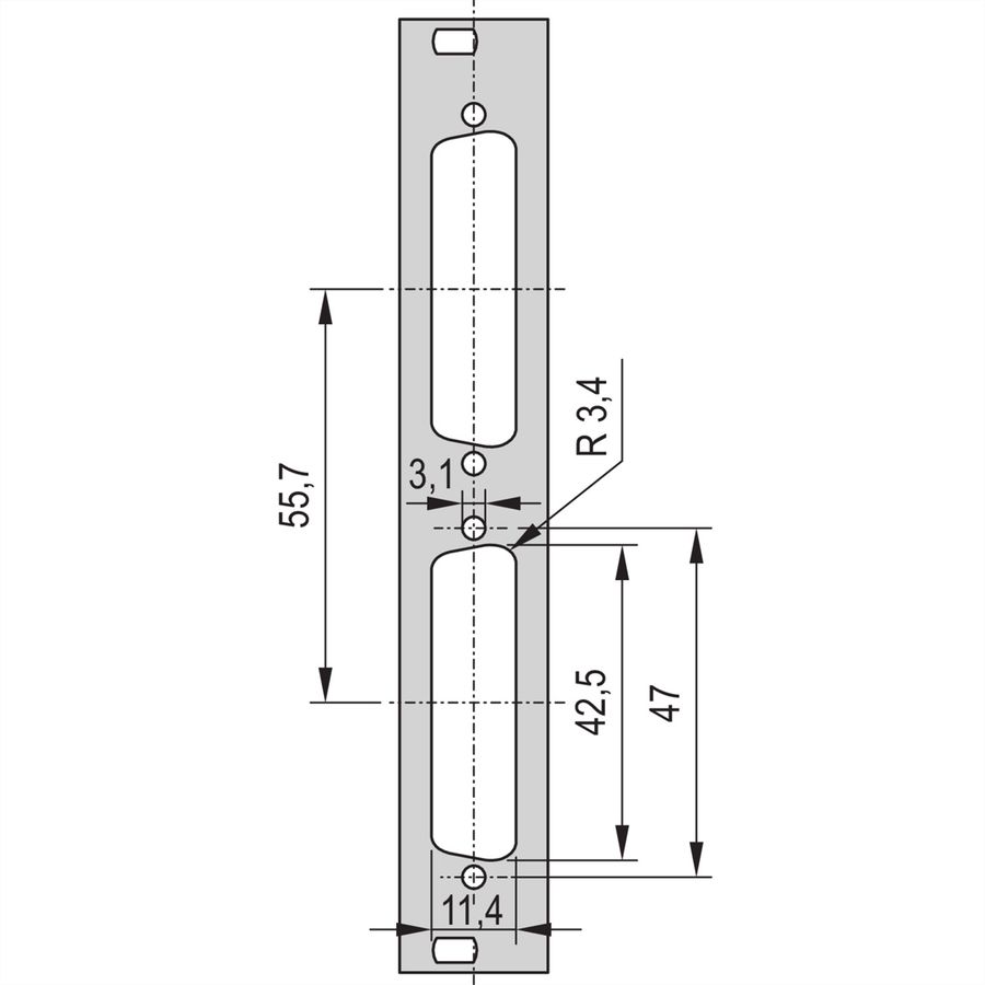 SCHROFF 19" voorpaneel met D-subuitsparing, 2x25-pin, 3U, 4 HP, 2,5 mm, Al, RAL 7035