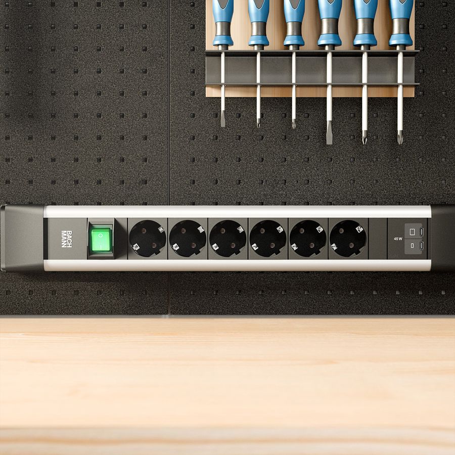 BACHMANN CONNECTUS 6xCEE7/3 1xswitch, 1xUSB C/C 45W L=2.0m CEE7/7 Grey