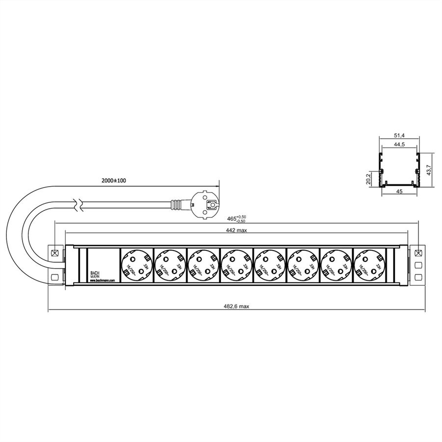 BACHMANN 19" 1,5U 8xCEE7/3 ws voeding 2,0m CEE7/7