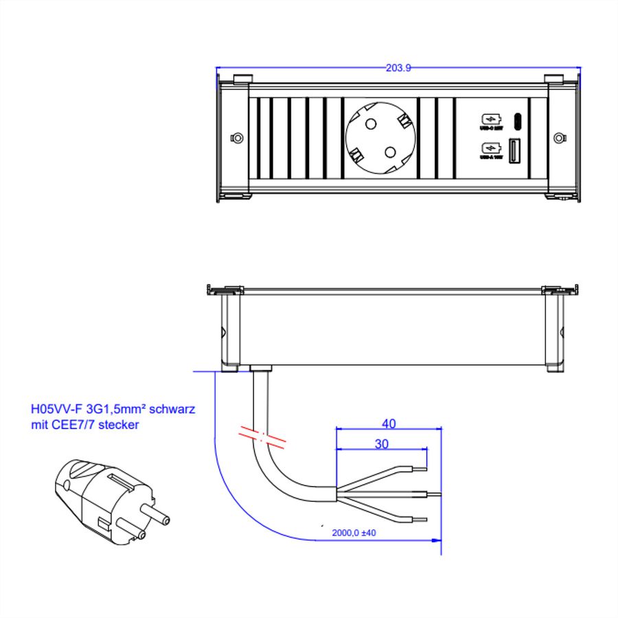BACHMANN KAPSA S 1xCEE7/3 1xUSB A/C 22W 2.0m CEE7/7
