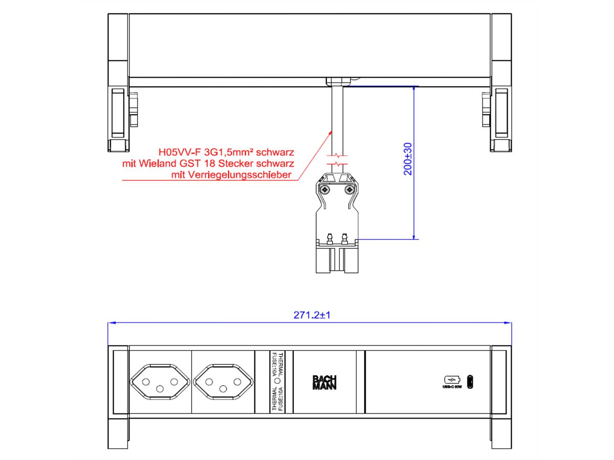 BACHMANN DESK2 ALU ZWART 2xCH T13, 1xUSB C 60W 0,2m GST18 Zwitserland