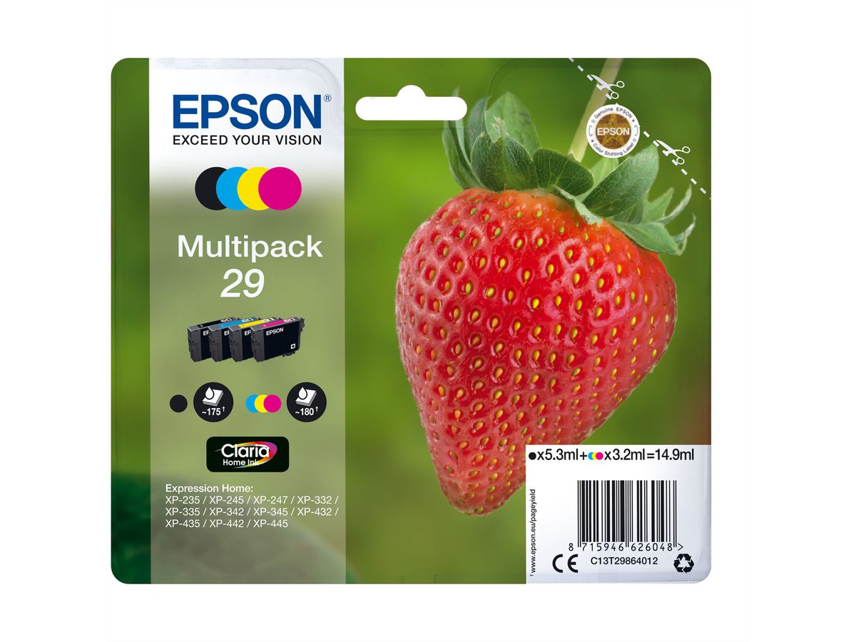 C13T29864010, Multipack 29, inktpatronen zwart, cyaan, magenta, geel, 1x 5,3 ml, 3x 3,2 ml voor EPSON Expression Home XP-235, XP-332, XP-335, XP-432, XP-435