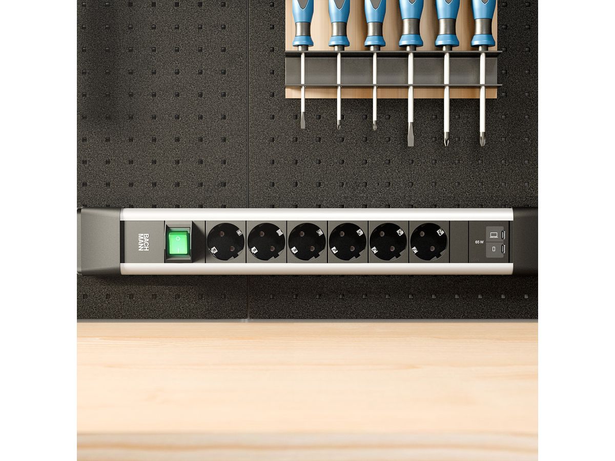 BACHMANN CONNECTUS 6xCEE7/3 1xSwitch, 1xUSB C/C 65W L=2.0m CEE7/7 grey