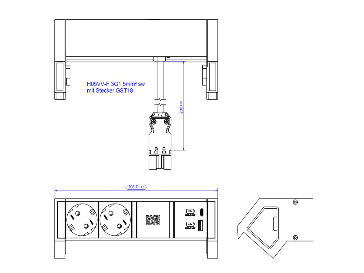 BACHMANN DESK2 2xbeschermend contact USB A&C, USB-lader 22W 0,2m GST18 wit
