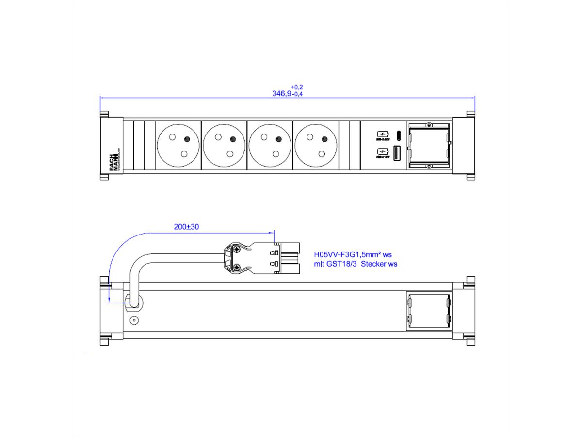 BACHMANN POWER FRAME 4xUTE 1xUSB A/C 22W 0.2m GST18