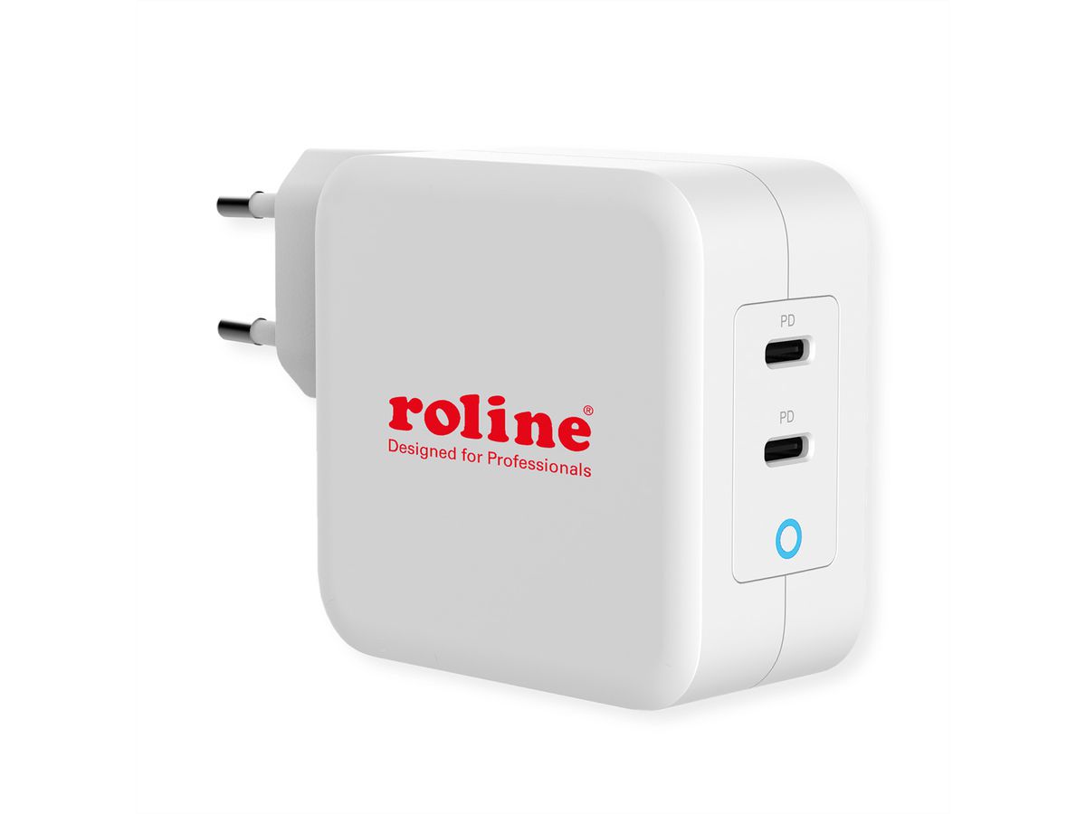 ROLINE USB Wall Charger Euro Plug, 2 Ports, 2x C (PD), 100W, GaN