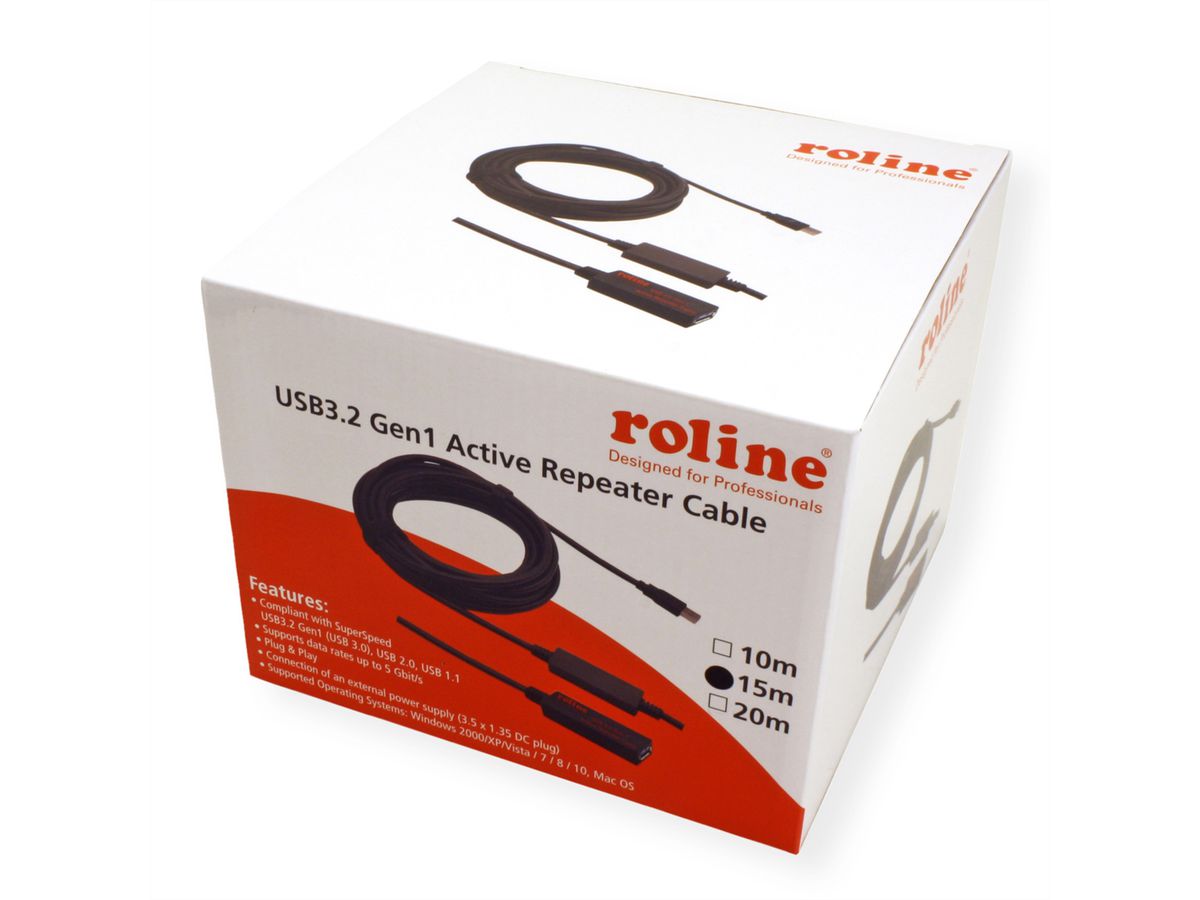 ROLINE USB 3.2 Gen 1 Actieve Repeater kabel, zwart, 15 m