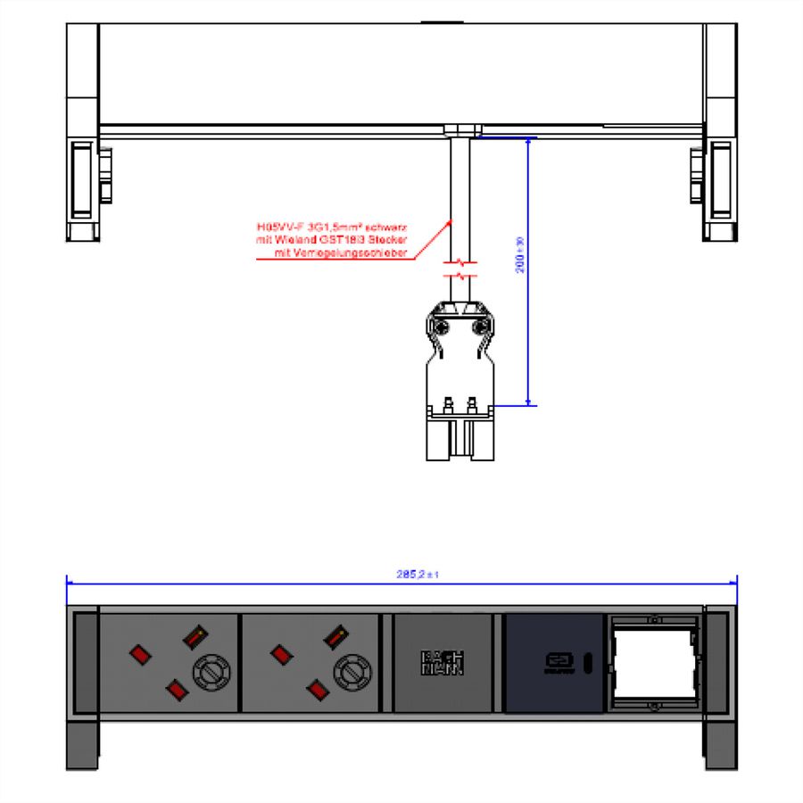 BACHMANN DESK2 2xUK 1xUSB C 30W 1xCM, 0,2m GST18 RAL9010, Verenigd Koninkrijk