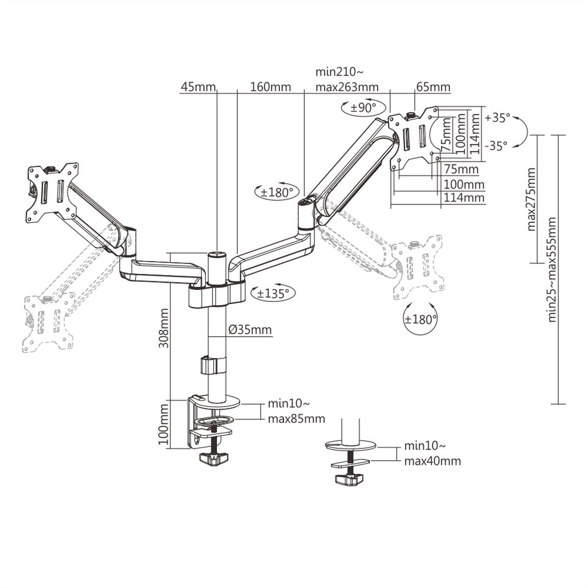 VALUE Dual Monitor Arm, Pole Mount, 4 Joints, Desk Clamp
