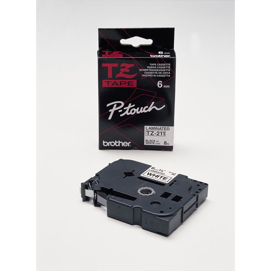 BROTHER TZe-211 labelingtape gelamineerd 6 mm wit/zwart