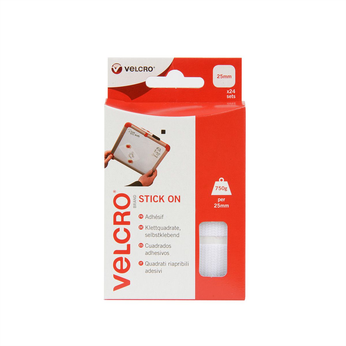 VELCRO® zelfklevende klittenband met haken en lussen 25 mm x 25 mm x 24 sets wit