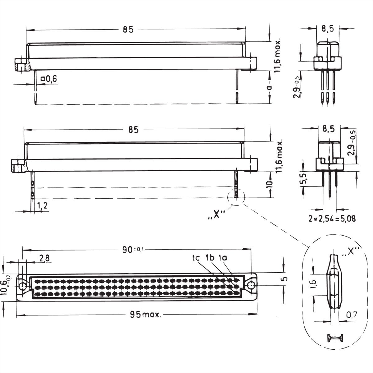 SCHROFF Stekker Type C, EN 60603, DIN 41612, vrouwelijk, 96 contacten, wire-wrap, 13 mm
