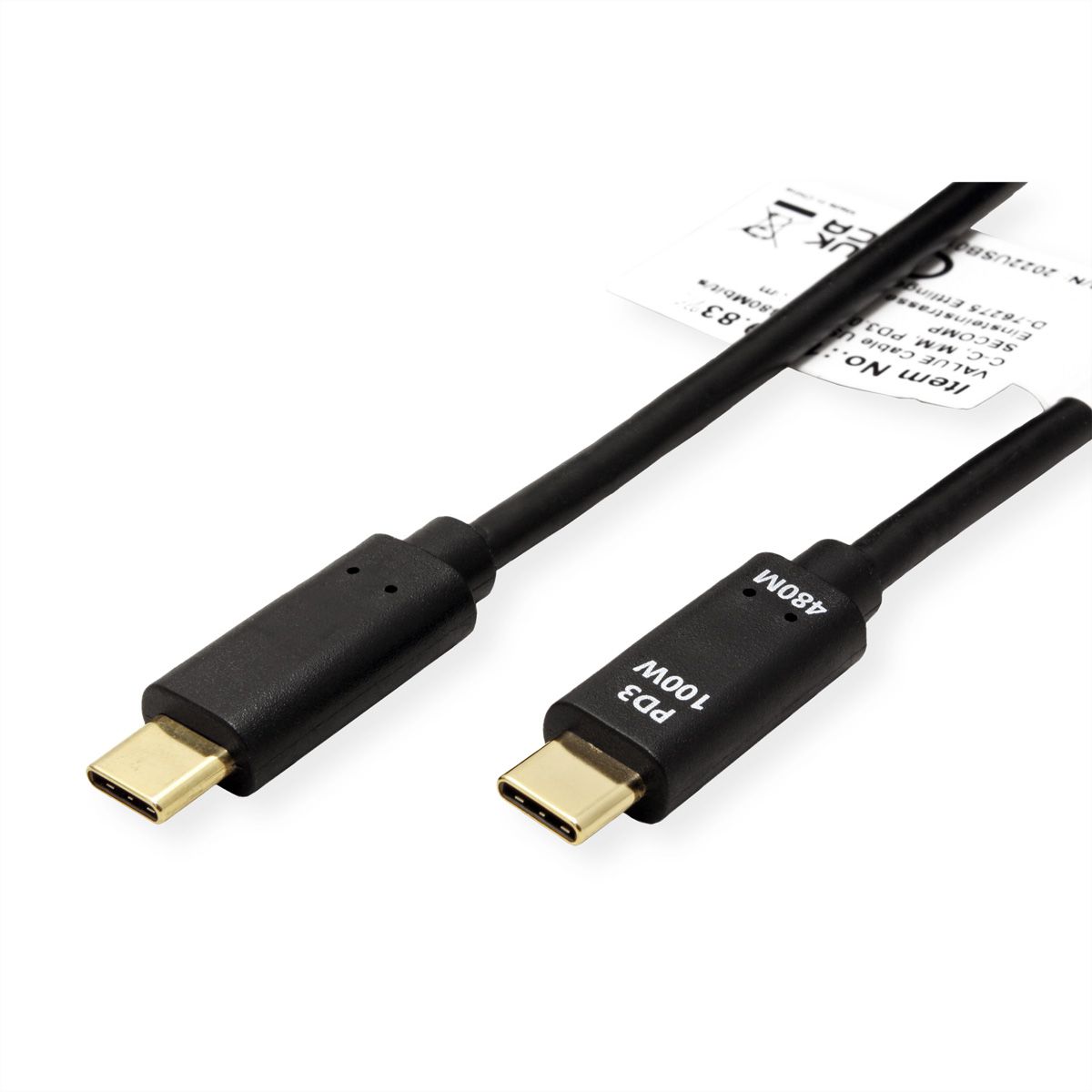 VALUE USB 2.0 Kabel, C–C, M/M, 100W, zwart, 2 m