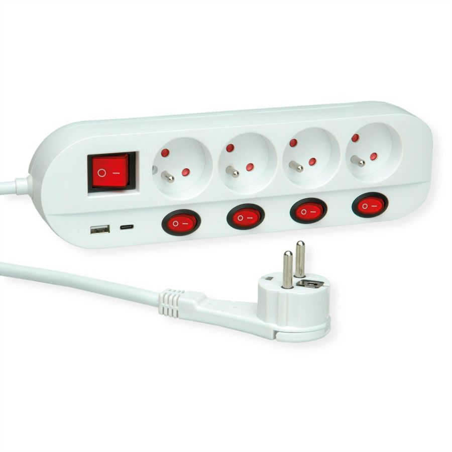 ROLINE 4-voudige stekkerdoos met schakelaar, UTE versie, USB-oplader A+C, 1,5 m